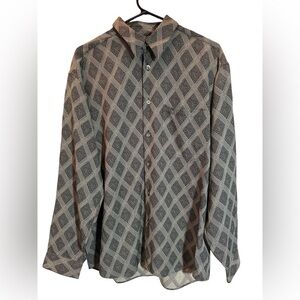 Men's BACHRACH Button Up Tan Black Shirt Diamond Pattern Size Medium 90's Y2K